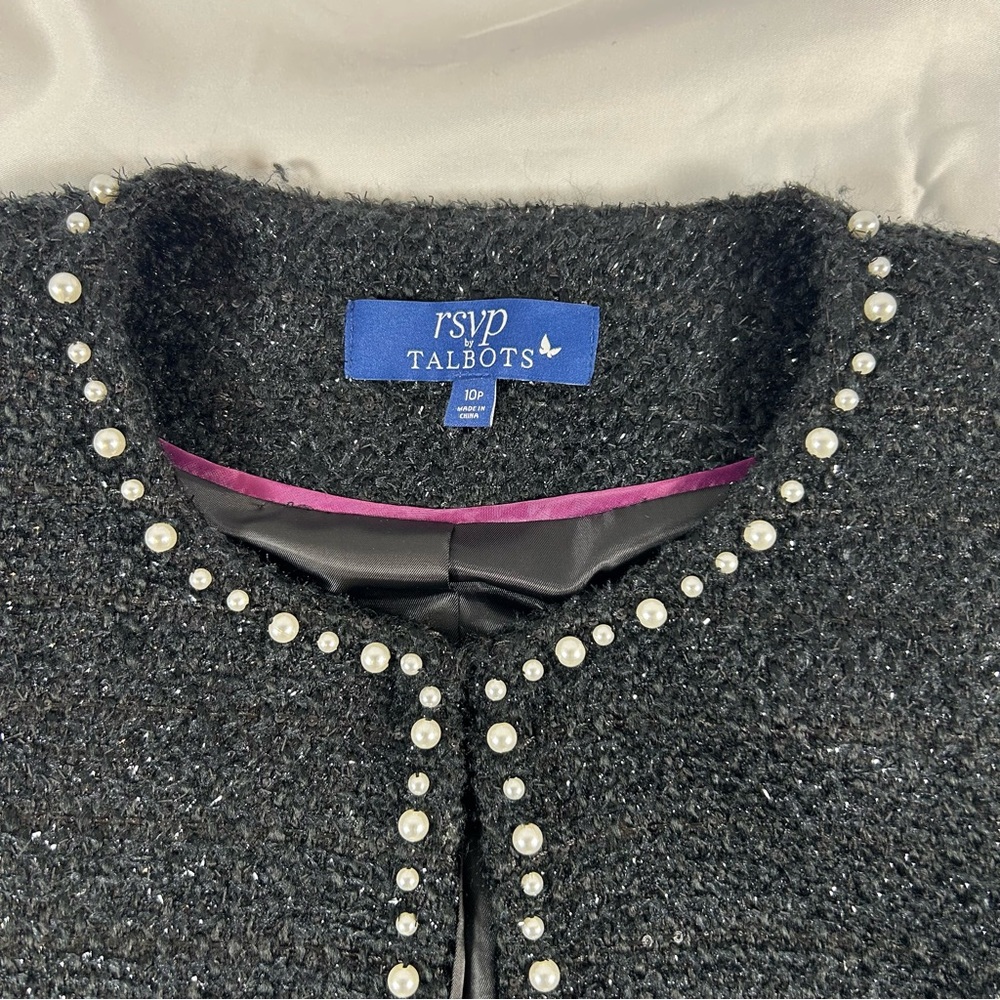 RSVP by Talbots Women’s Black Tweed Pearl-Trim Jacket Elegant Topper Size 10P - Picture 3 of 16